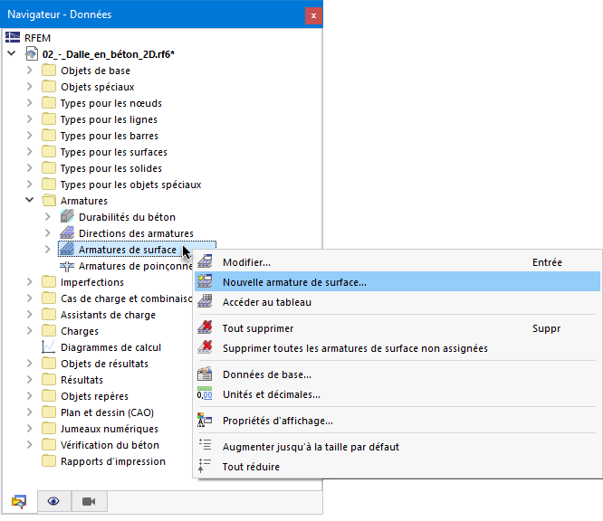 Menu contextuel « Armatures surfaciques »