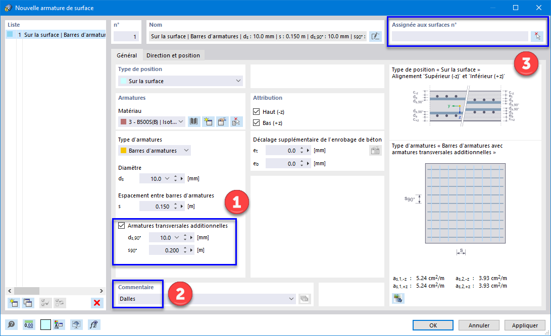 Définition des armatures de surface