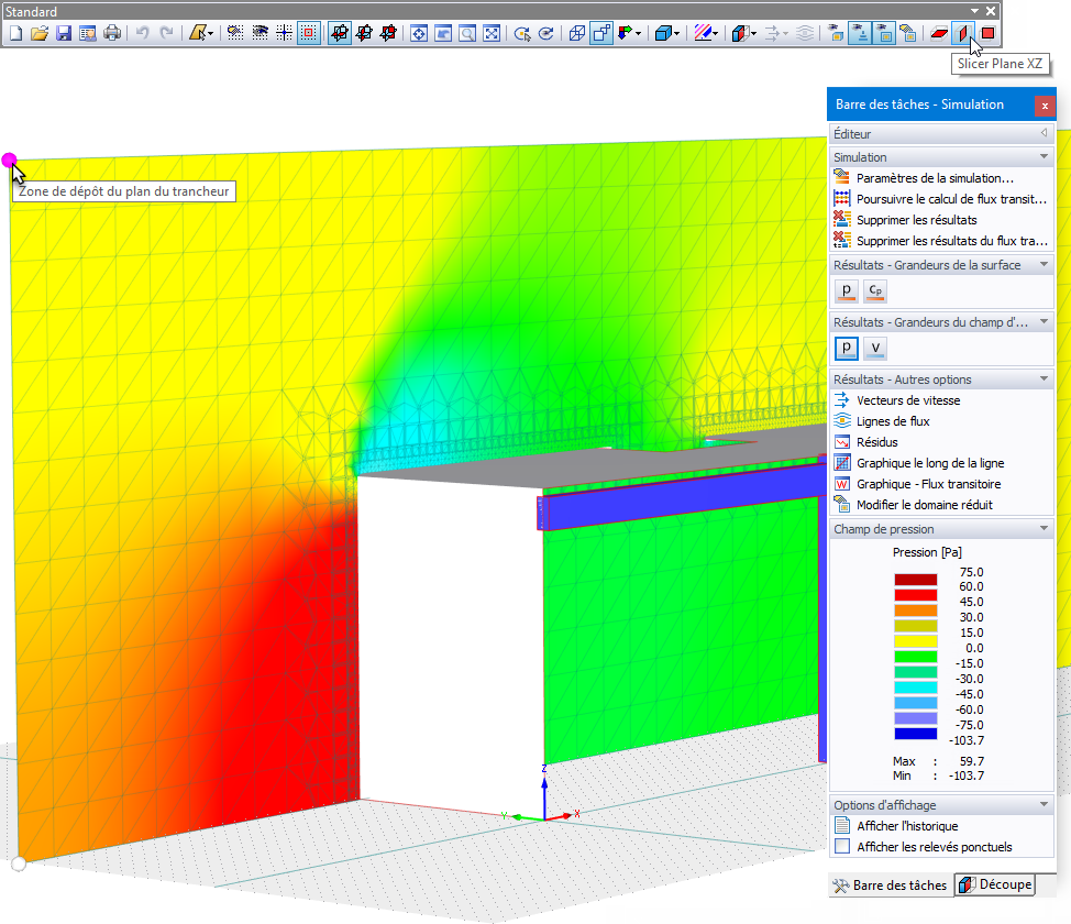 Plan de tranchage affichant les résultats du champ de pression