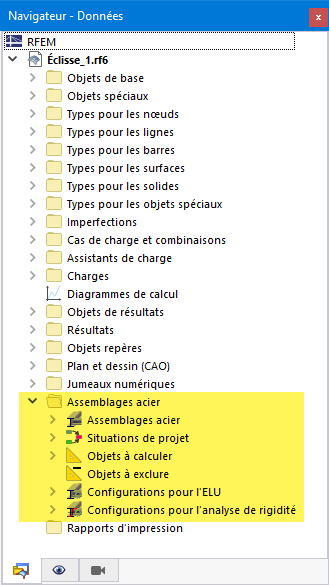 Catégories pour la vérification des assemblages acier dans le Navigateur - Données