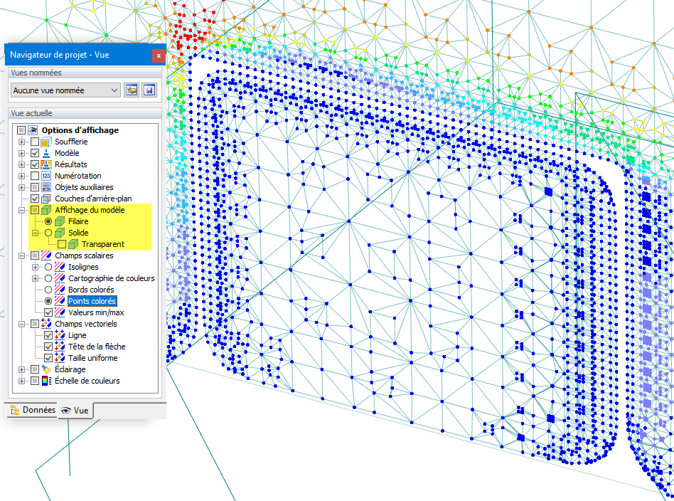 Affichage des points coulorés du champ de pression pour modèle en rendu filaire