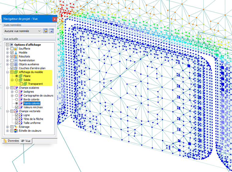 Affichage des points coulorés du champ de pression pour modèle en rendu filaire