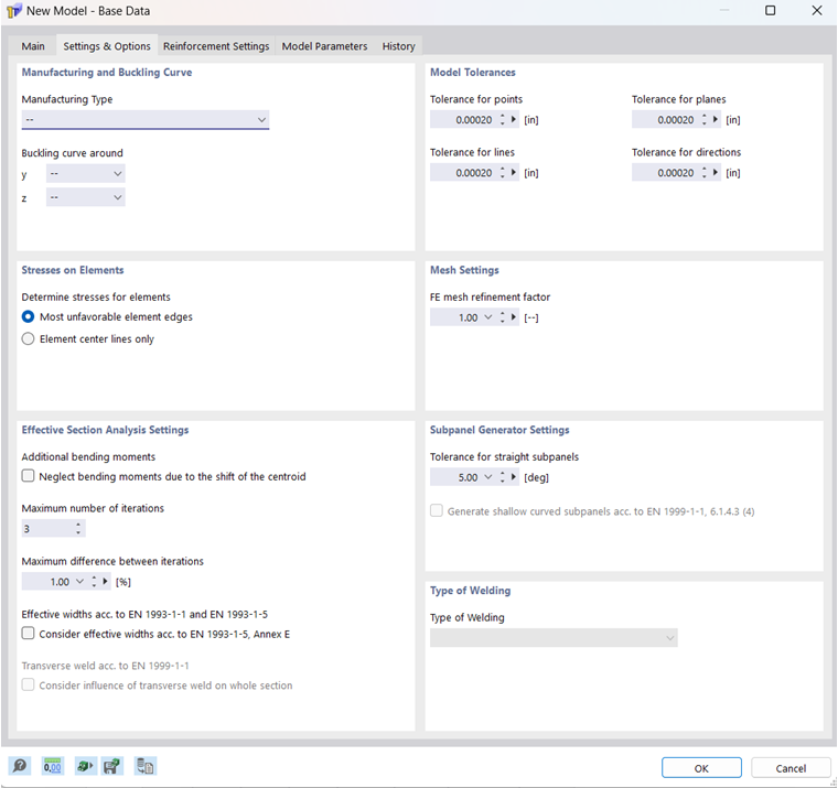Boite de dialogue « Nouveau modèle - Données de base », onglet « Paramètres et options »