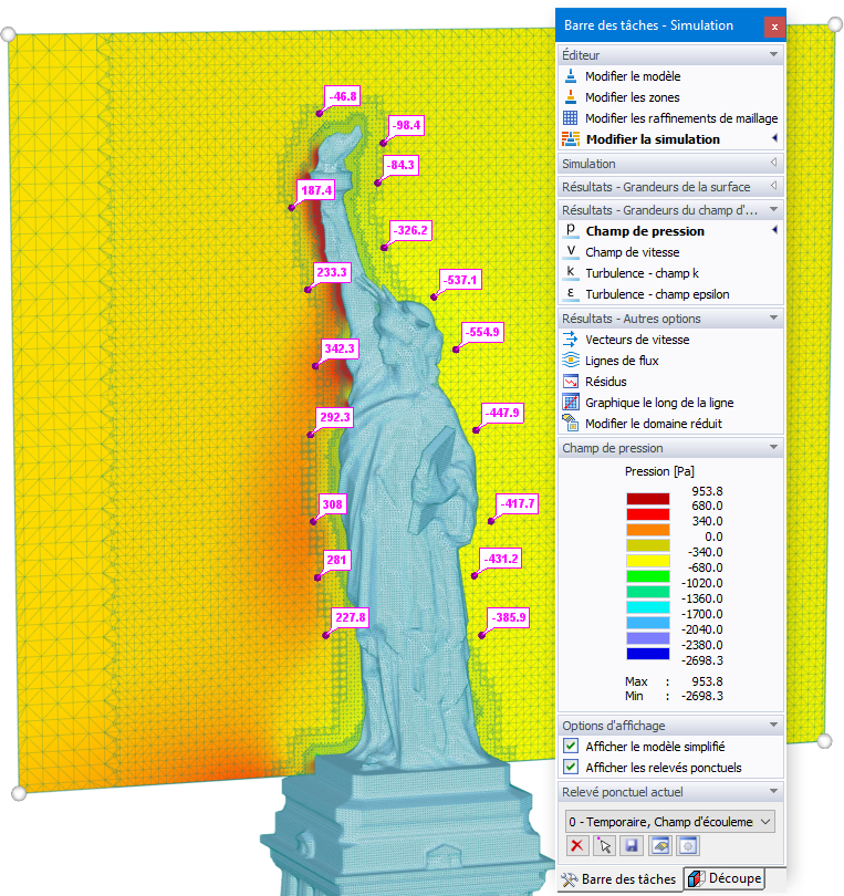 Relevés des résultats du champ de pression définis sur un maillage à volume fini