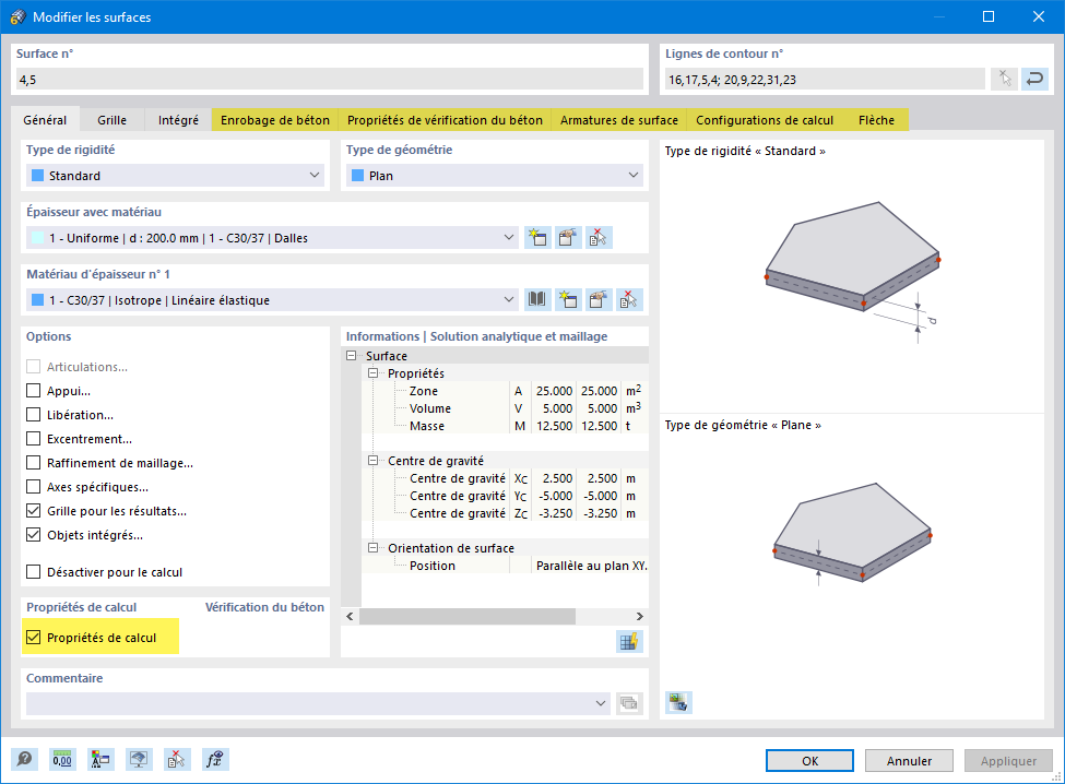 Propriétés de calcul activées pour les dalles avec des onglets supplémentaires