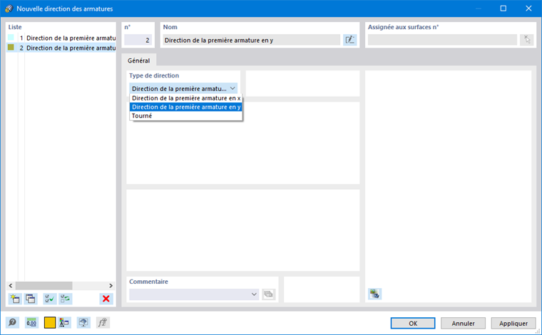Définition d'une nouvelle direction d'armatures