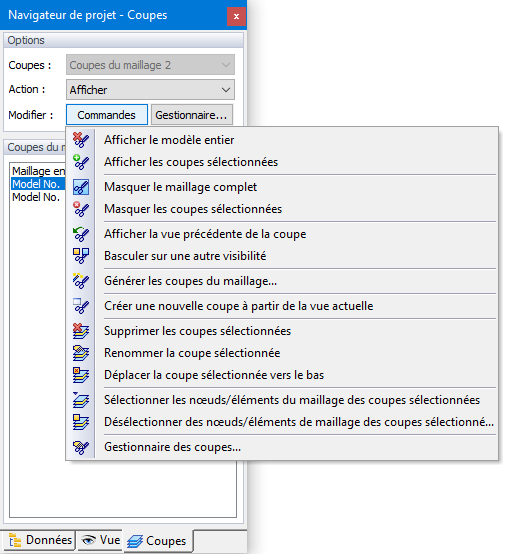 Fonctions « Commandes » pour les coupes de géométrie