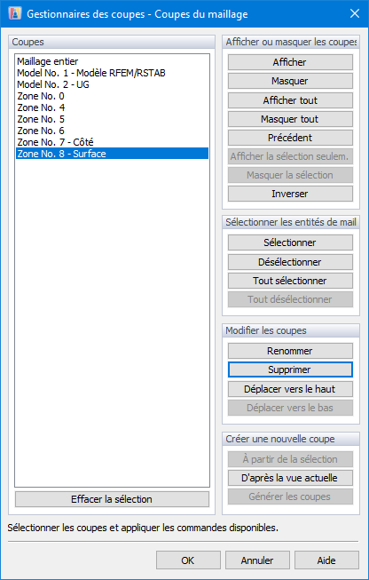 Gestionnaire des coupes - Coupes du maillage