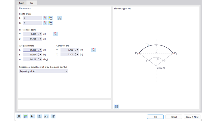 Boite de dialogue « Nouvel élément », onglet « Arc »