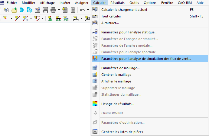 Accès aux paramètres pour l’analyse de simulation des flux de vent