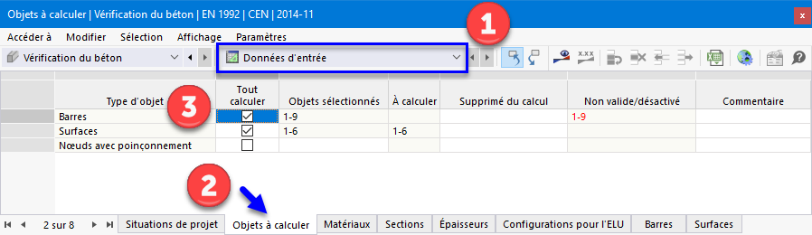 Activation des barres pour la vérification