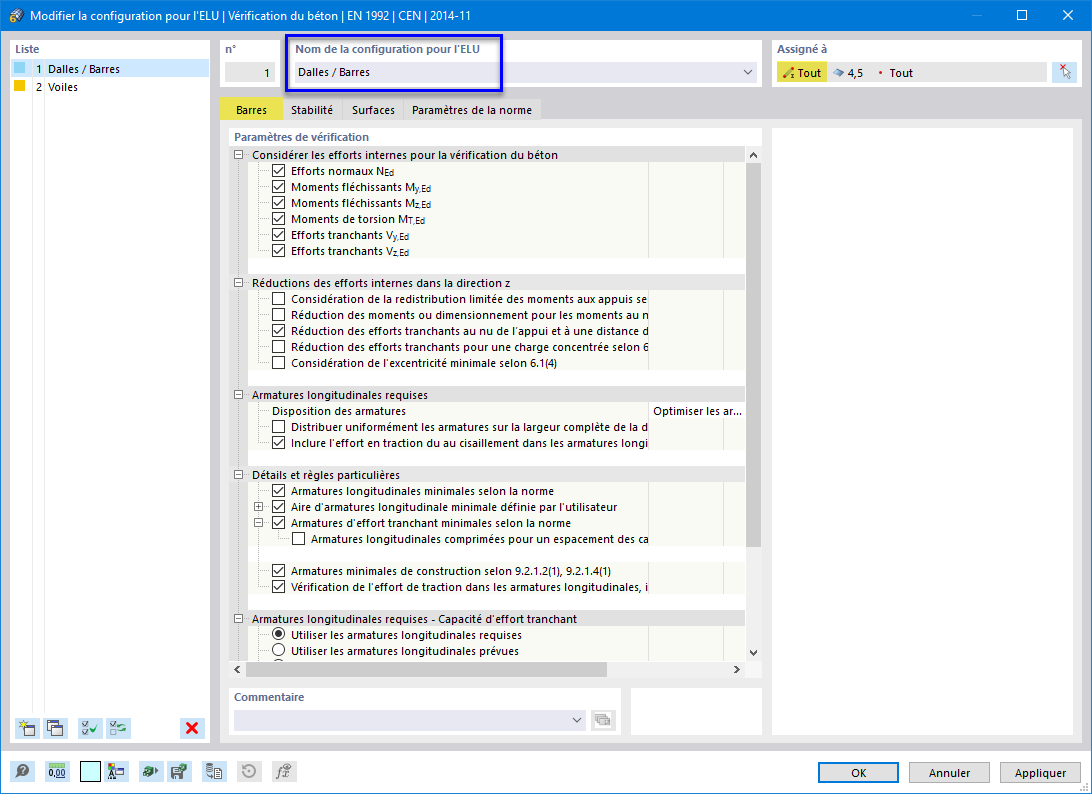 Configuration pour l'ELU des dalles et des barres