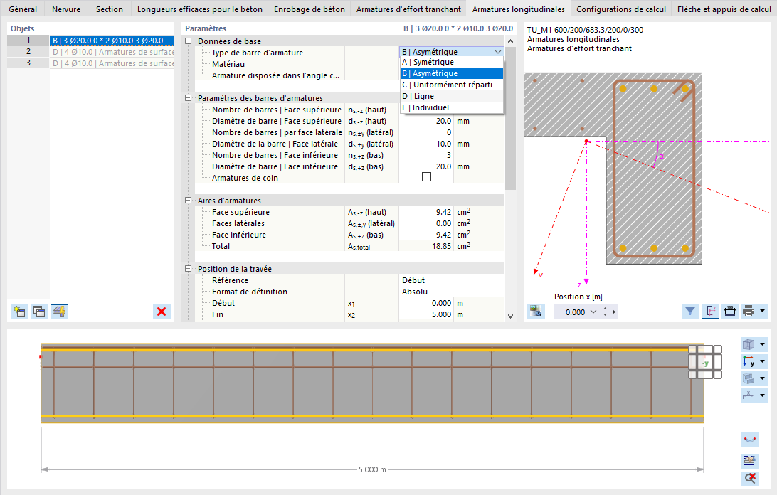 Définition de la disposition des barres d'armatures