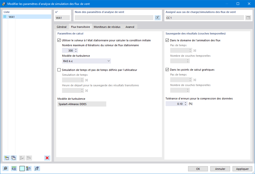Paramètres d’analyse de simulation des flux de vent, Flux transitoire