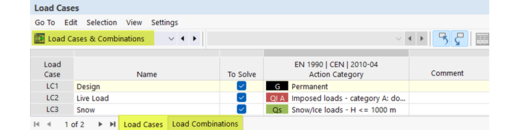 Cas de charge et combinaisons dans le tableau