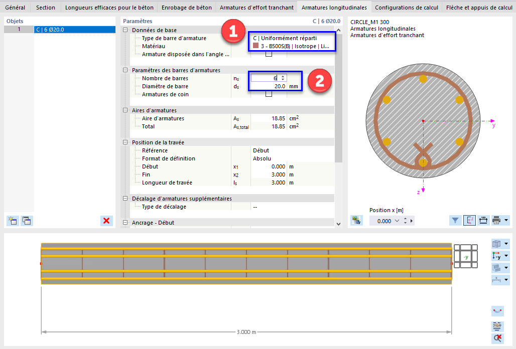 Définition de la disposition et du nombre de barres d'armatures