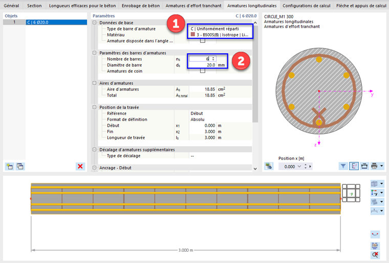 Définition de la disposition et du nombre de barres d'armatures