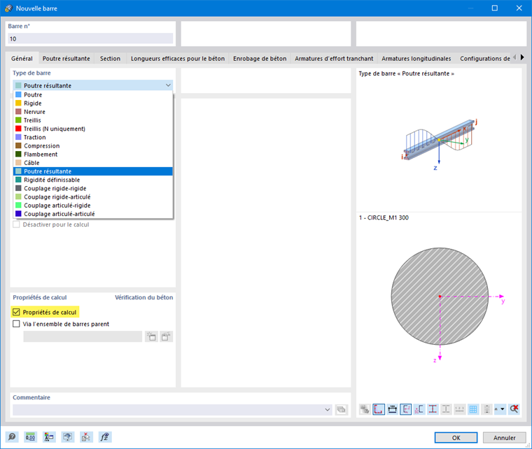 Sélection du type de barre « Poutre résultante »