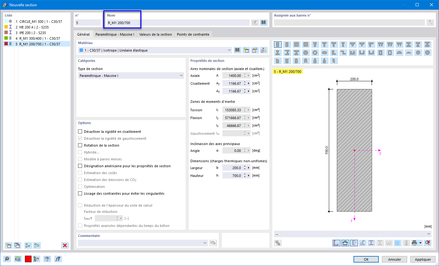 Définition d'une section rectangulaire