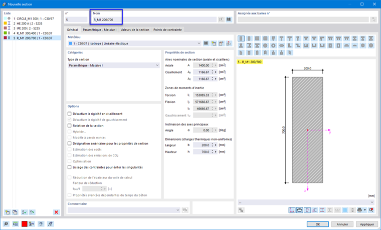 Définition d'une section rectangulaire