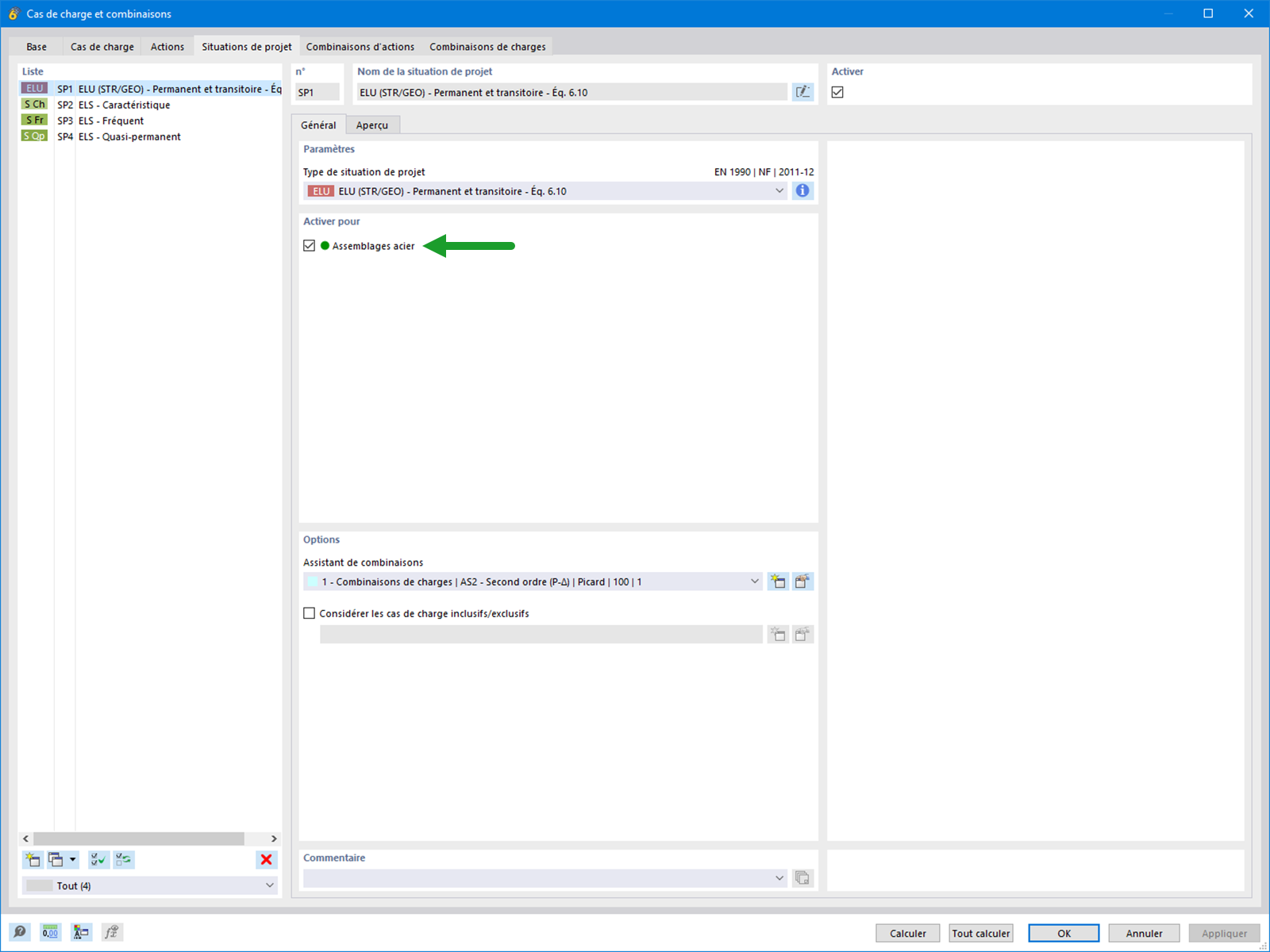 Activation de la situation de projet pour le module complémentaire Assemblages acier