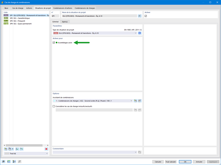 Activation de la situation de projet pour le module complémentaire Assemblages acier