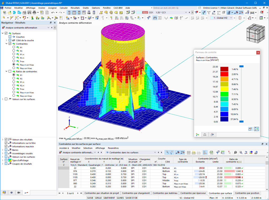 Analyse des contraintes de surface dans un composant avec comportement de matériau non linéaire