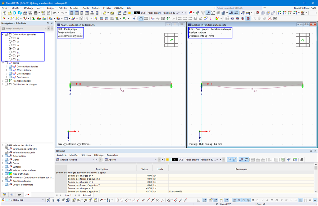 Analyse en fonction du temps d'une poutre à travée simple