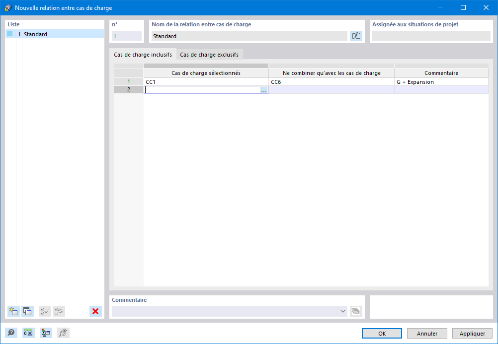 Boîte de dialogue « Nouvelle relation entre cas de charge »
