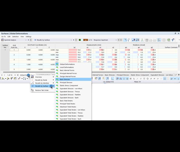 Menu contextuel pour les onglets du tableau