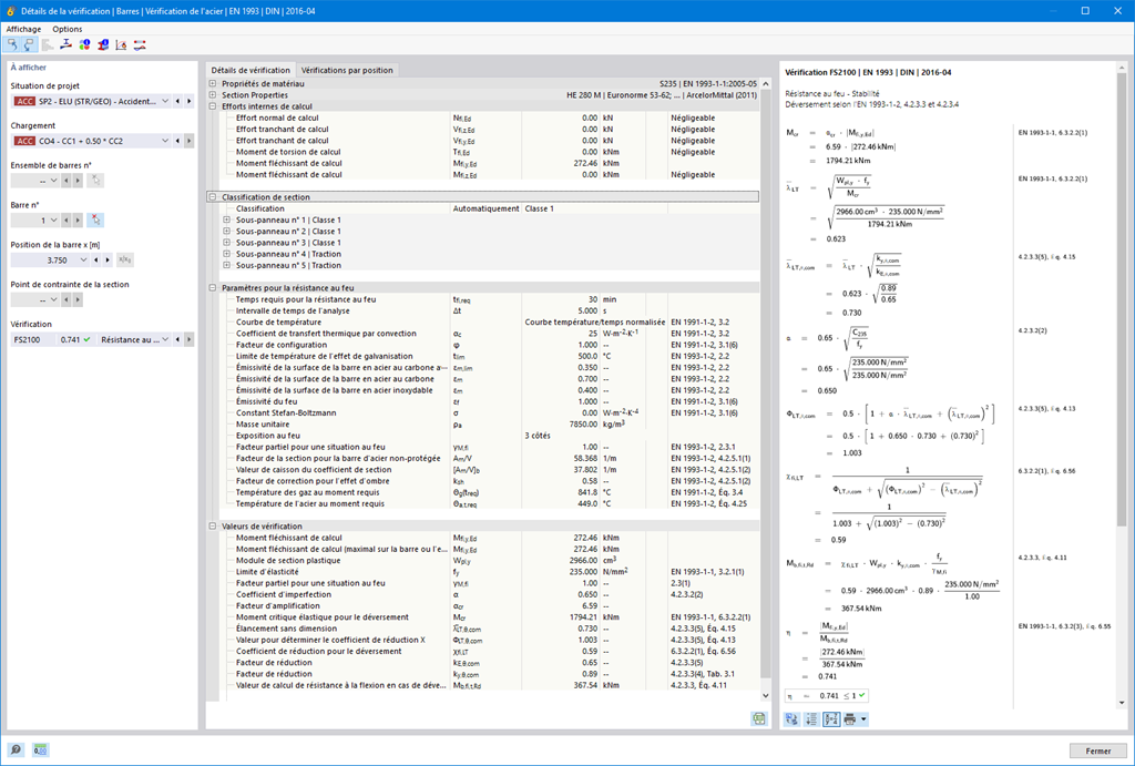 Vérification coupe-feu avec représentation détaillée de la vérification des éléments pour la résistance au feu.