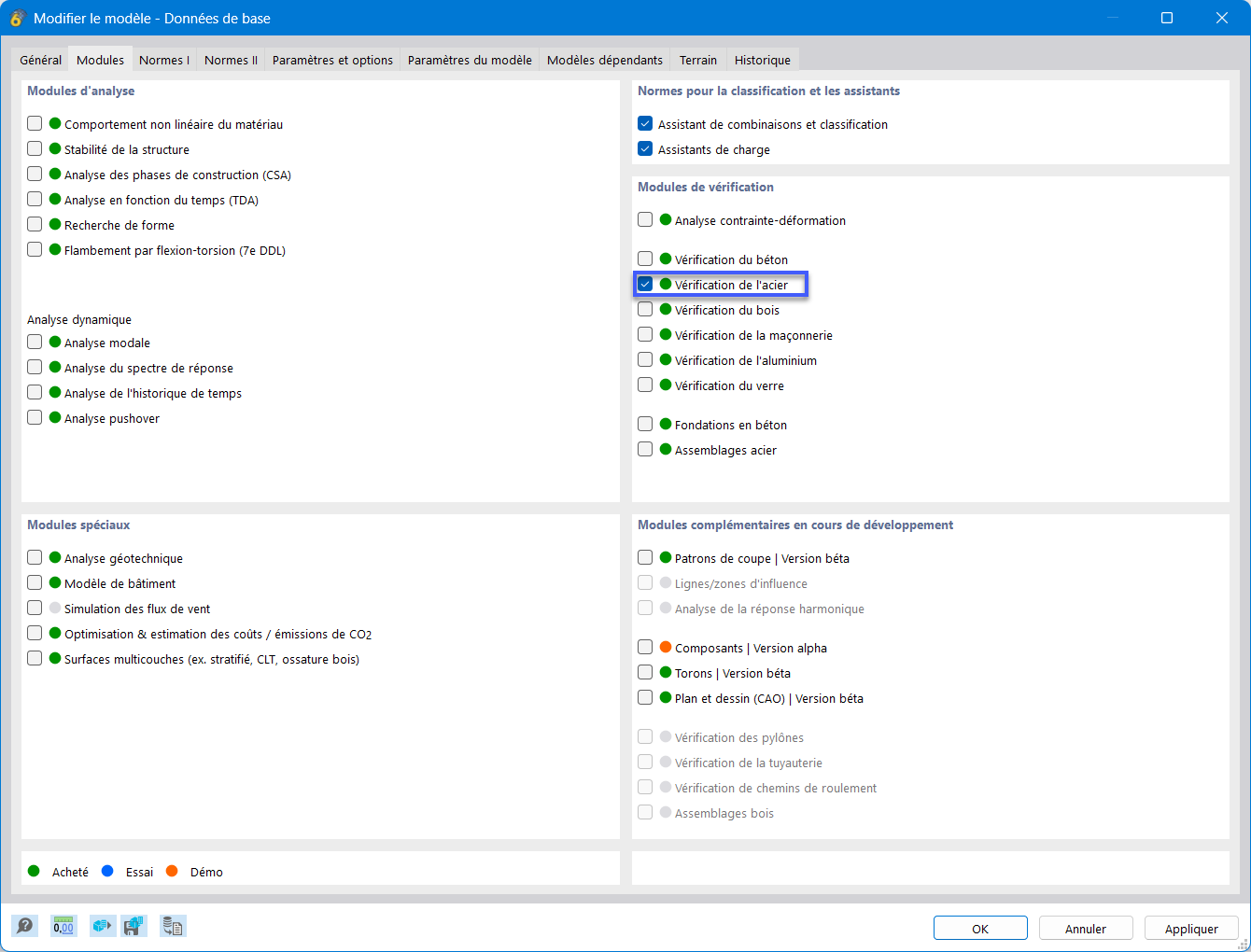 Activation du module complémentaire « Vérification de l’acier »