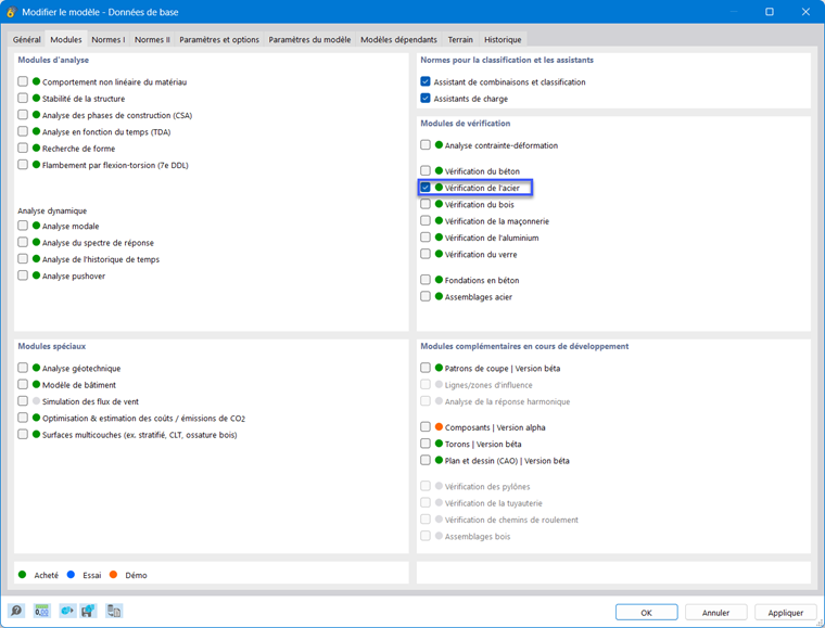 Activation du module complémentaire « Vérification de l’acier »