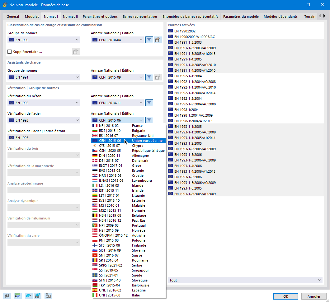 Sélection de la norme et de l’annexe nationale pour la vérification de l’acier