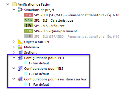 Configurations par défaut pour la vérification de l'acier à l'ELU, l'ELS et à la résistance au feu