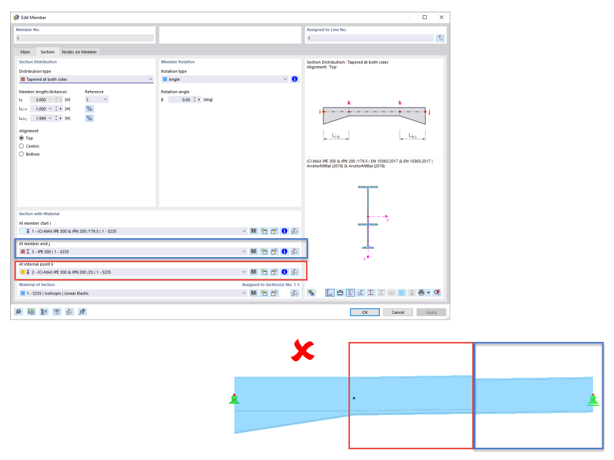 FAQ 005225 | Je souhaite modéliser une poutre de portique avec une section à inertie variable. Pour ce faire, j'ai créé une barre avec la distribution de section « Conique...