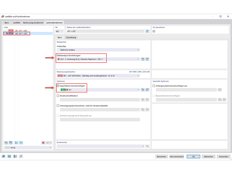 Approche pour la combinaison de charges à laquelle le cas d'imperfection est assigné