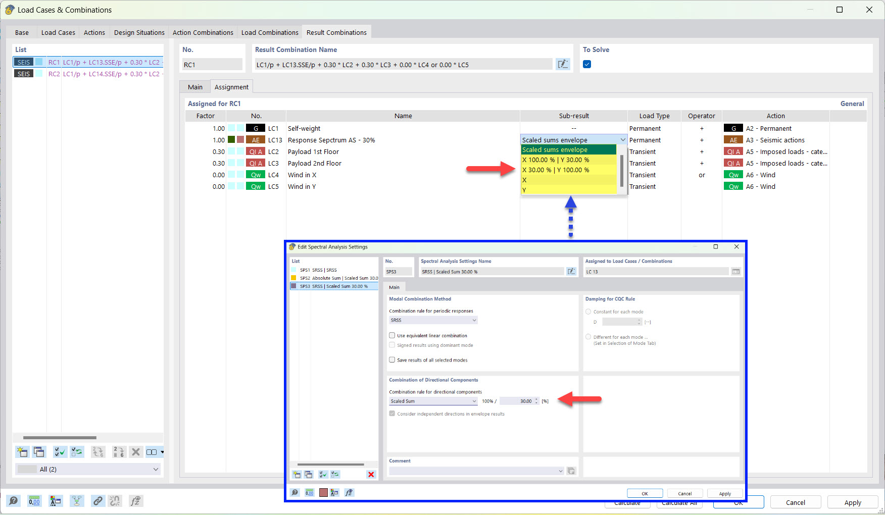 Résultat partiel pour la combinaison sismique avec somme pondérée