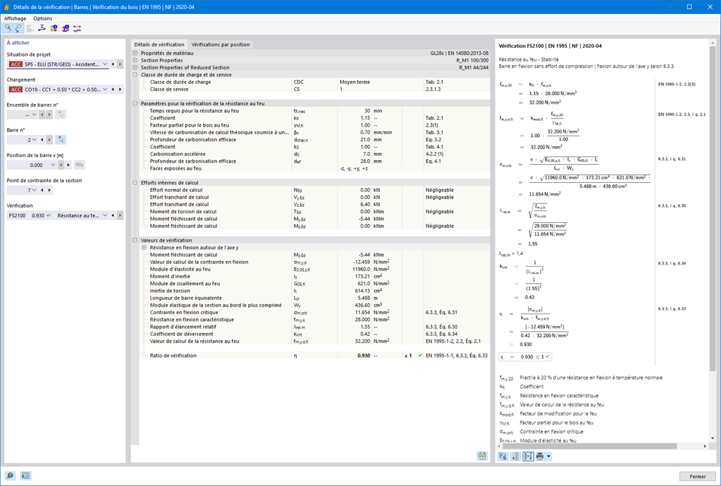 Résultats de la vérification de la résistance au feu selon la norme EN 1995 pour les structures en bois.