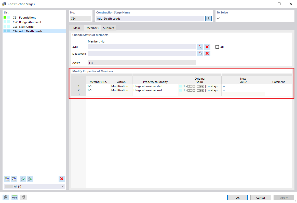 FAQ 005233 | Est-il possible de modifier les propriétés des barres ou des surfaces dans les différentes étapes de construction, telles que leur emplacement ?