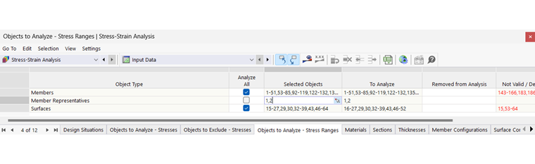 Tableau « Objets à analyser - Intervalles de contrainte » pour l’analyse contrainte-déformation