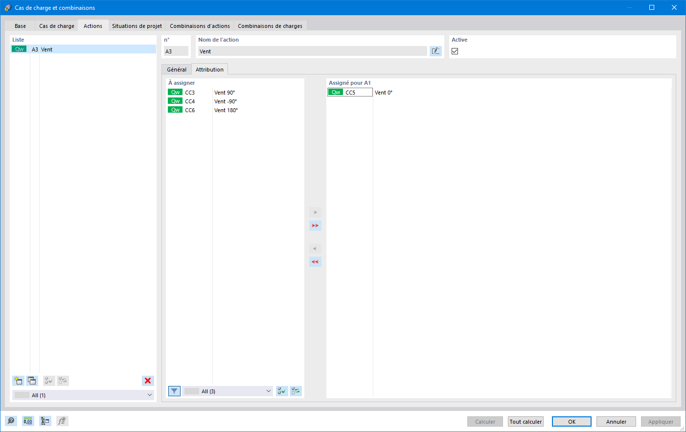 Modifier les cas de charge et combinaisons, actions