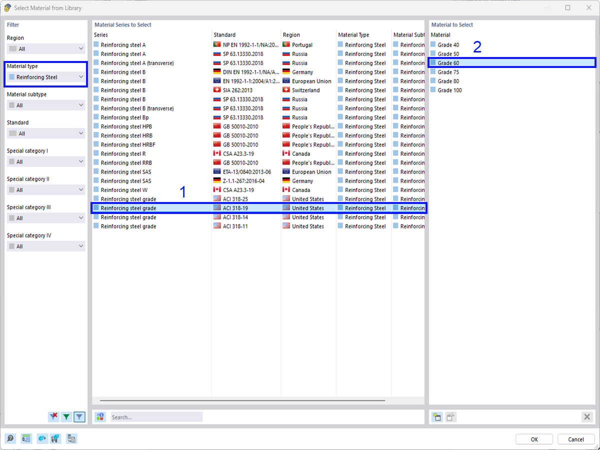 Sélection de l’acier d’armature dans la bibliothèque