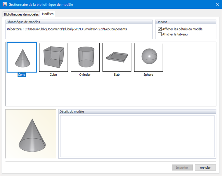 Gestionnaire de la bibliothèque de modèle, Modèles
