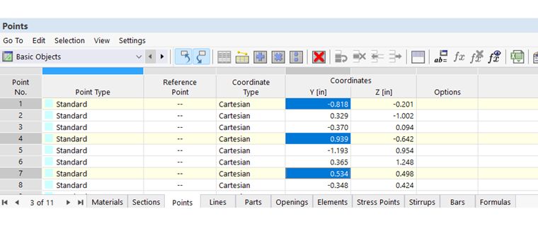 Tableau des points avec cellules sélectionnées