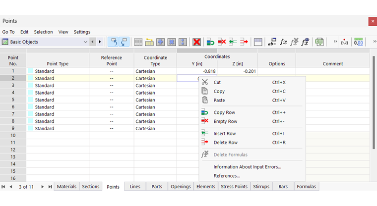 Fonctions dans le menu contextuel des tableaux