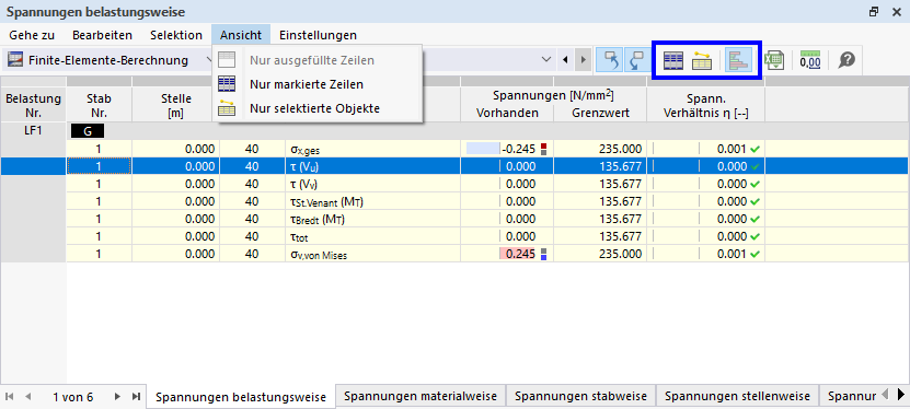Menu du tableau « Affichage »