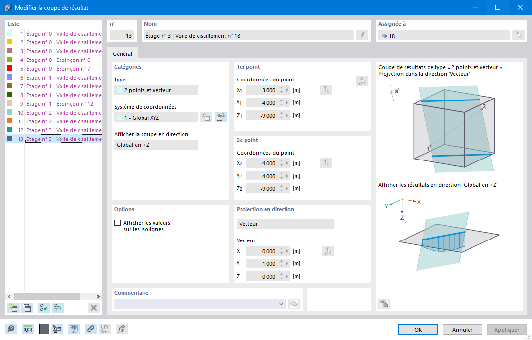 Coupes de résultats d'un modèle de bâtiment