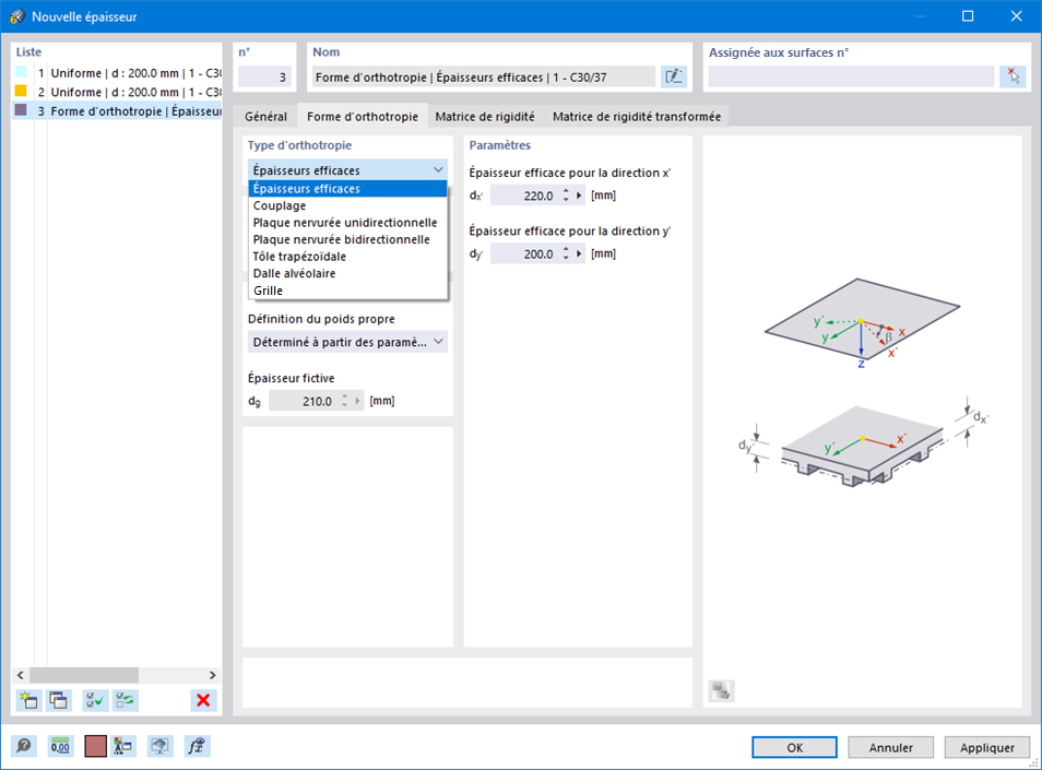Boîte de dialogue « Nouvelle épaisseur », onglet « Forme d’orthotropie »