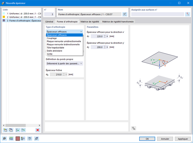 Boîte de dialogue « Nouvelle épaisseur », onglet « Forme d’orthotropie »